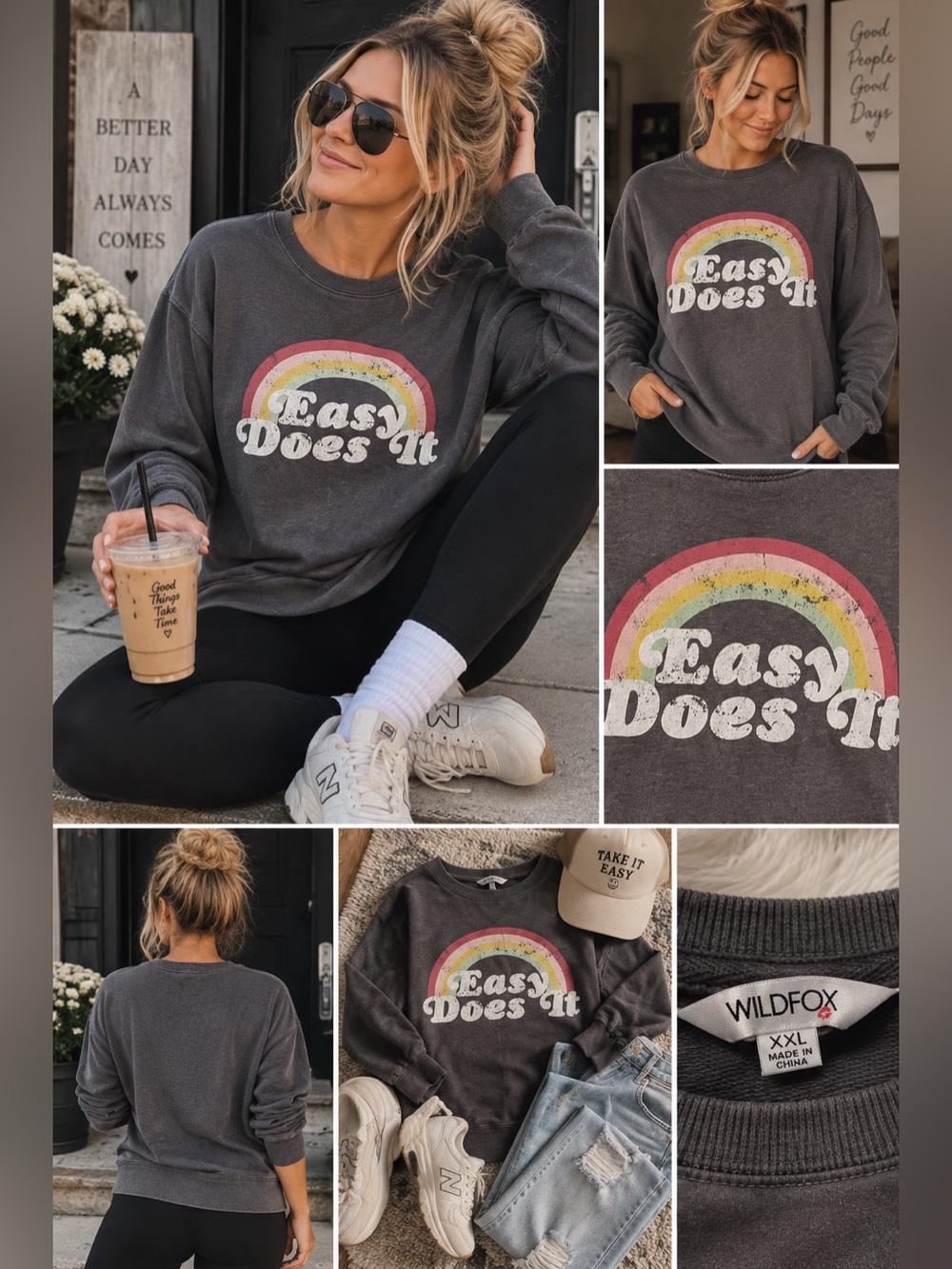 Wildfox Easy Does It Rainbow Graphic Sweatshirt Women’s XXL Gray Retro
